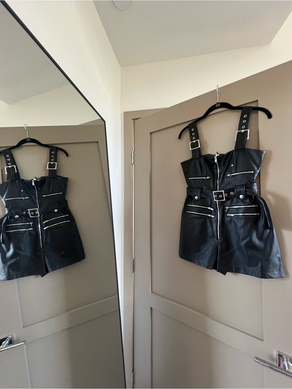 WeWoreWhat Black Faux Leather Romper with Silver Hardware